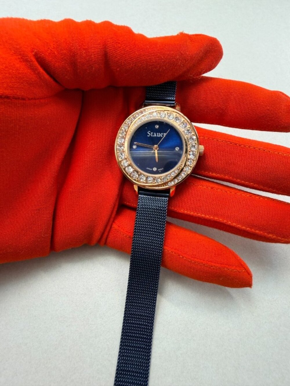 Stauer Crystal Bezel Blue Dial Ladies Watch Mesh Band Quartz